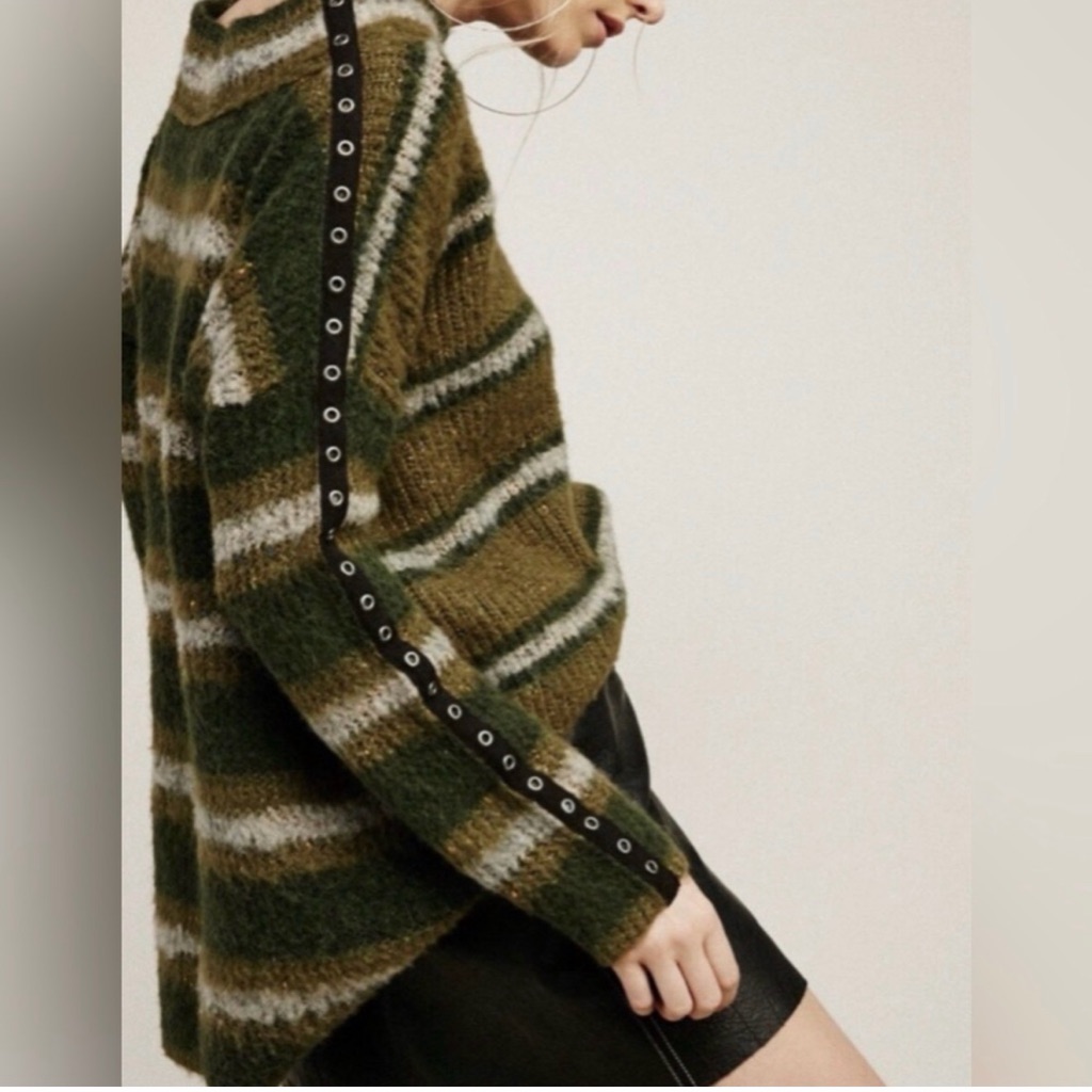 Free People Olive And Cream Striped Sweater